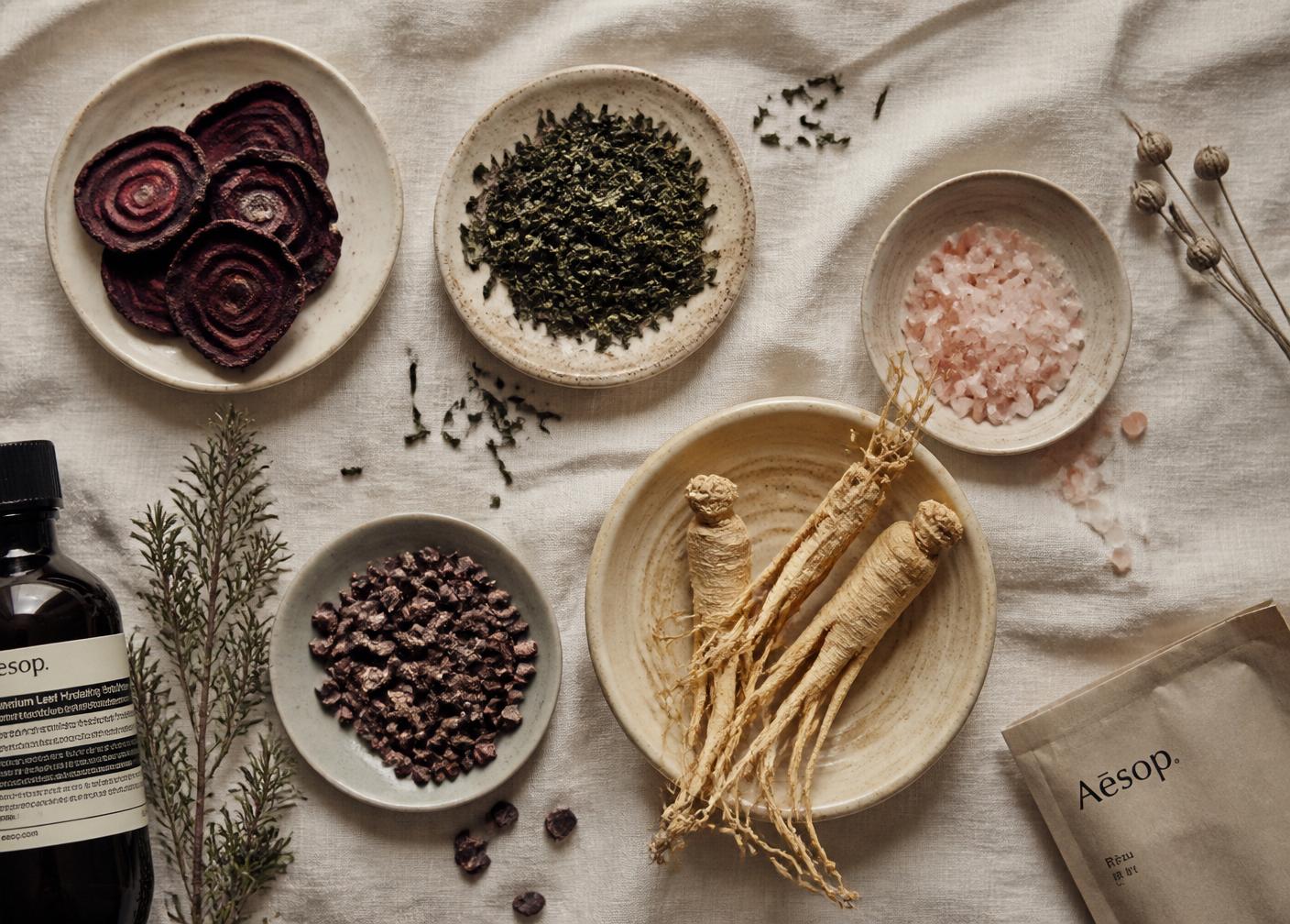 Botanical ingredients arranged on linen